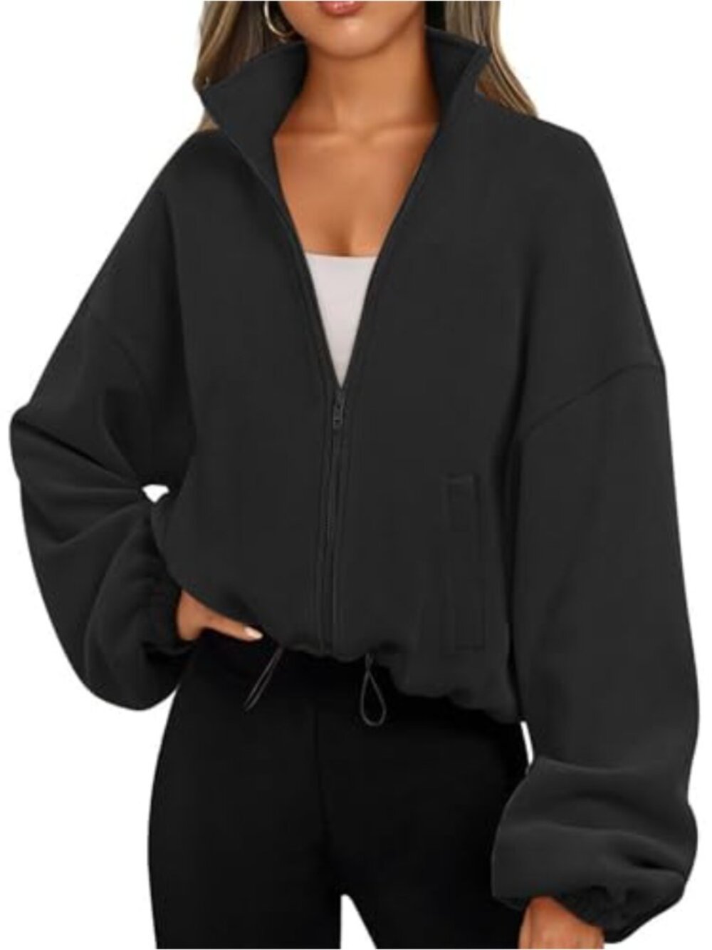 Oversized Zip Up Fleece Cropped Y2K Jacket Sweater with Pockets